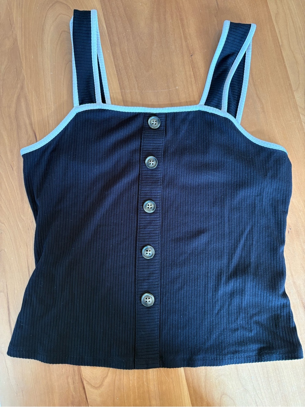 Who What Wear Black Ribbed Button-Front Tank with White Trim